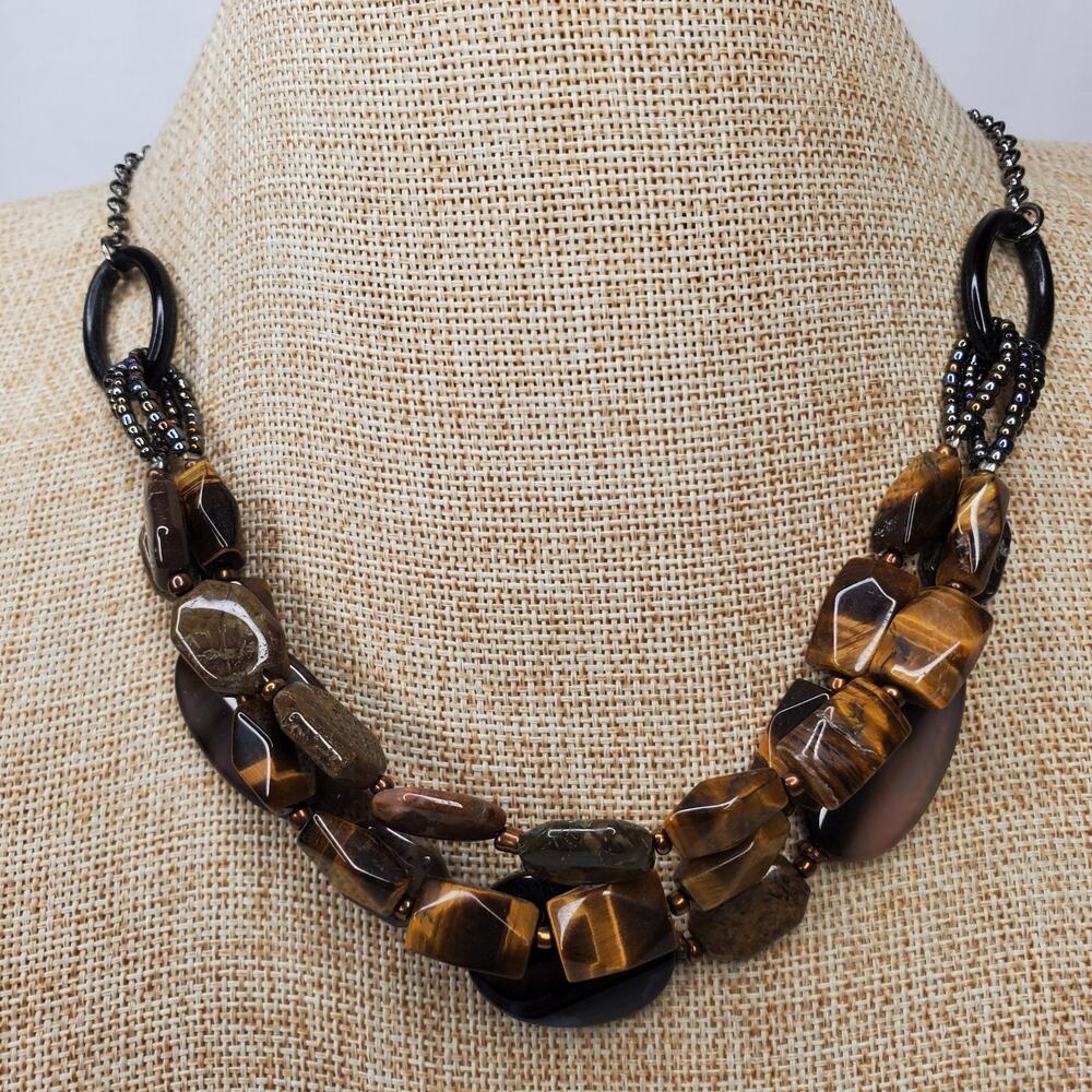 Vintage Necklace Tiger Eye Black Onyx Agate Multi Strand 21 Inch